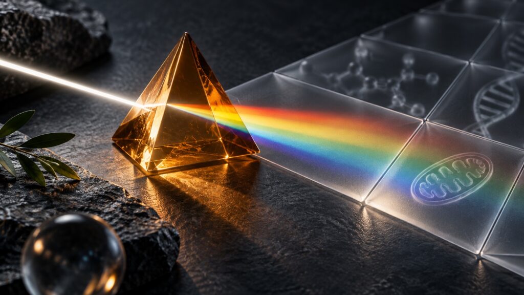 Amber prism casting coloured light across frosted glass tiles
