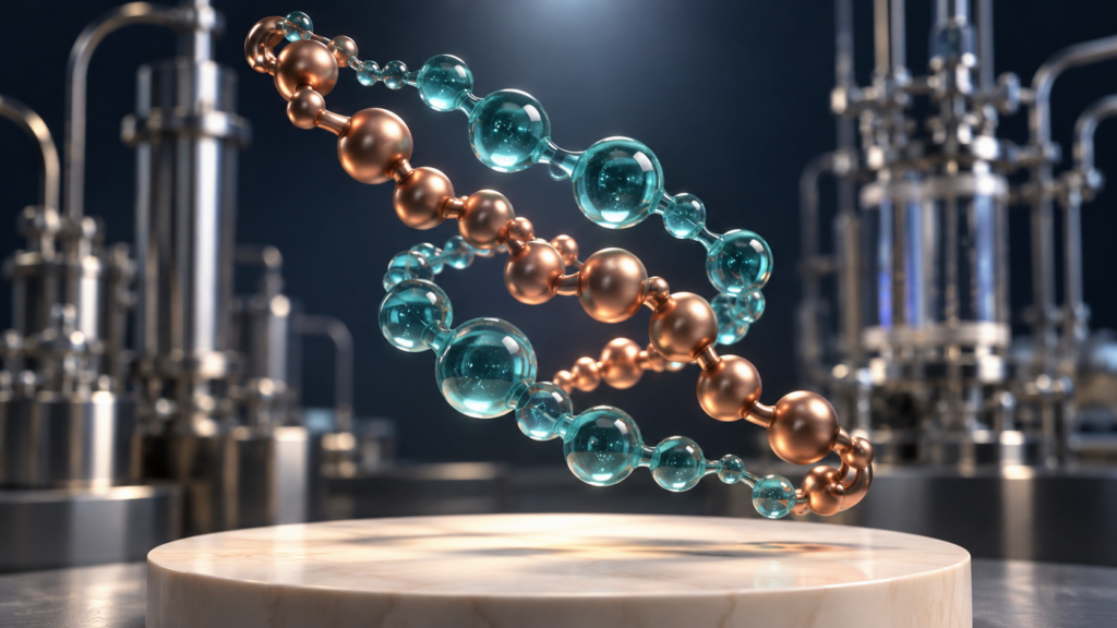 Conceptual copper and teal sculpture representing two blend components
