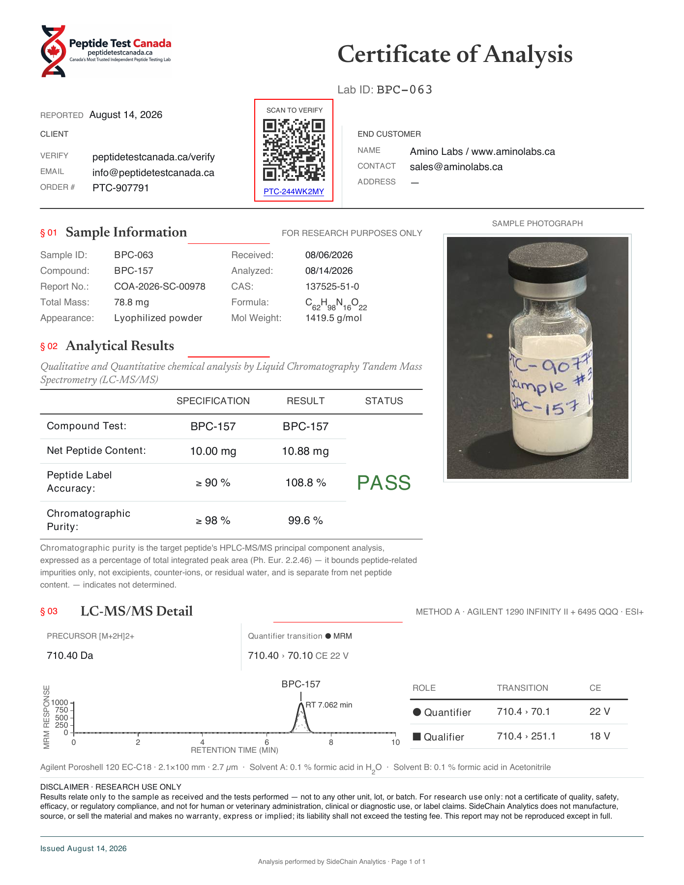 Original BPC-157 10 mg certificate, page 1 of 1, report COA-2026-SC-00978