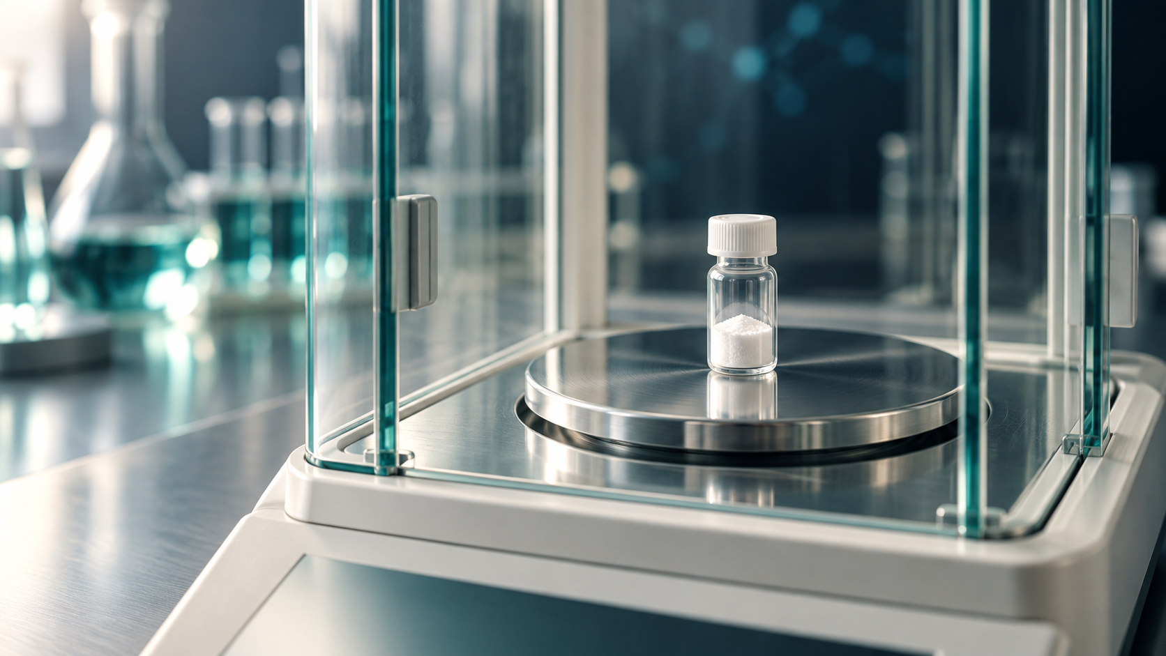 Conceptual laboratory sample vial on an analytical balance