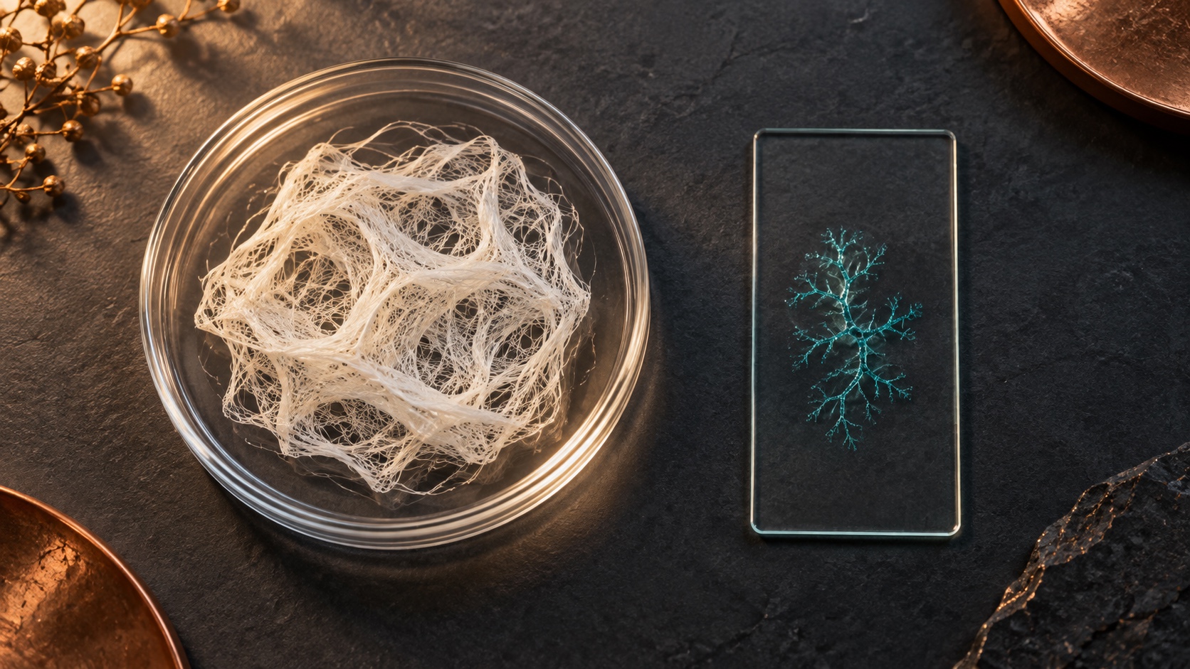 Petri dish with woven fibres beside a slide with a branching pattern