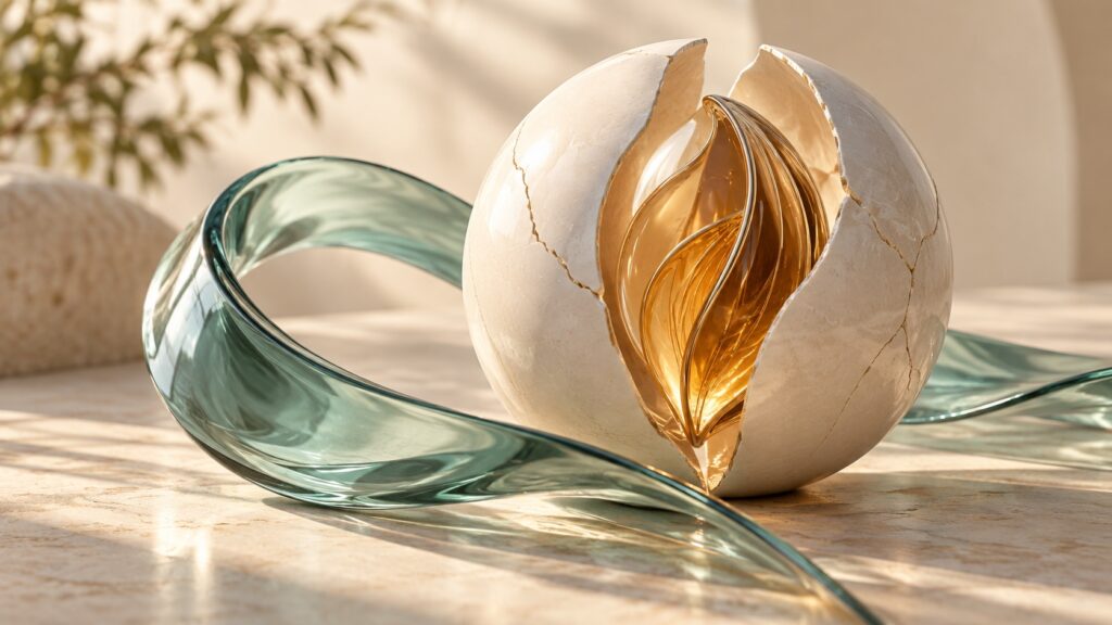Amber glass seed inside a porcelain sphere beside a green ribbon