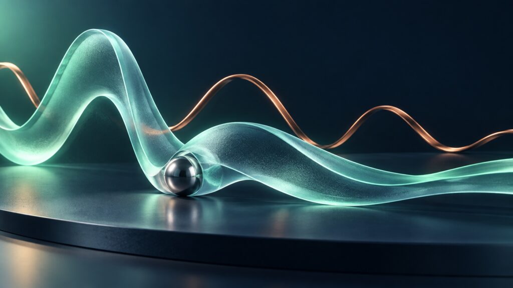 Teal and copper glass waves beside a silver sphere
