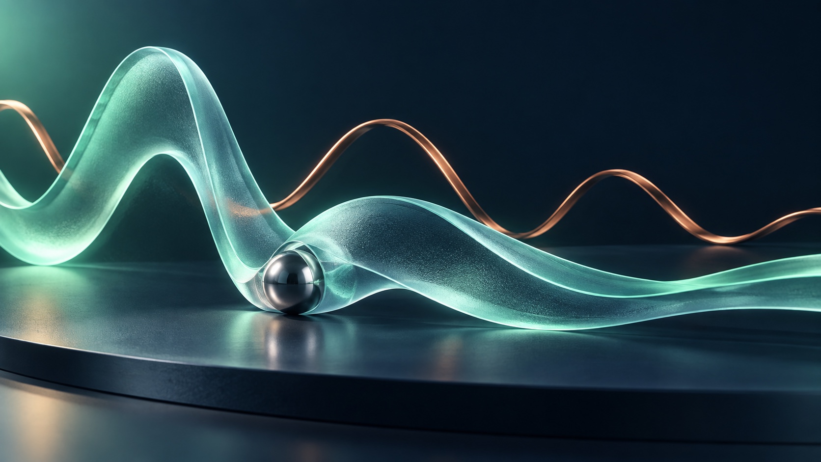 Teal and copper glass waves beside a silver sphere