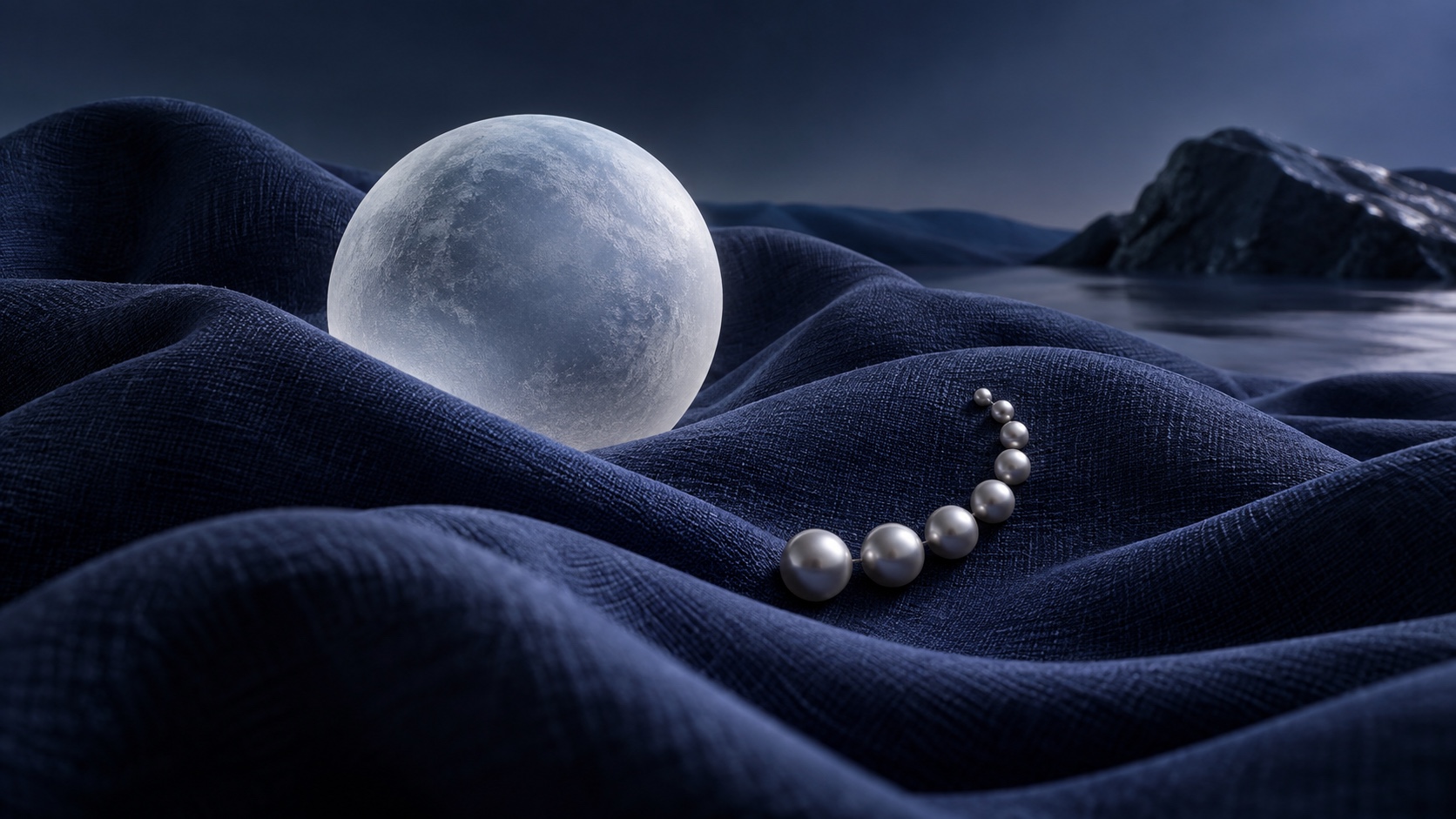 Moonlike frosted sphere and silver beads resting on indigo linen