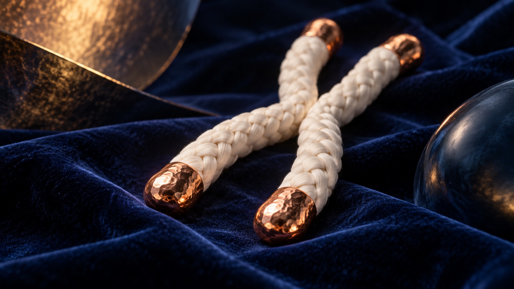 Ivory braided cords with copper caps on deep blue fabric