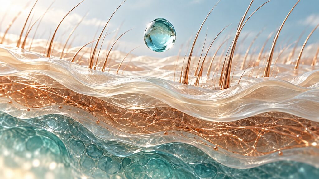 Copper strands over ivory layers beneath a turquoise droplet