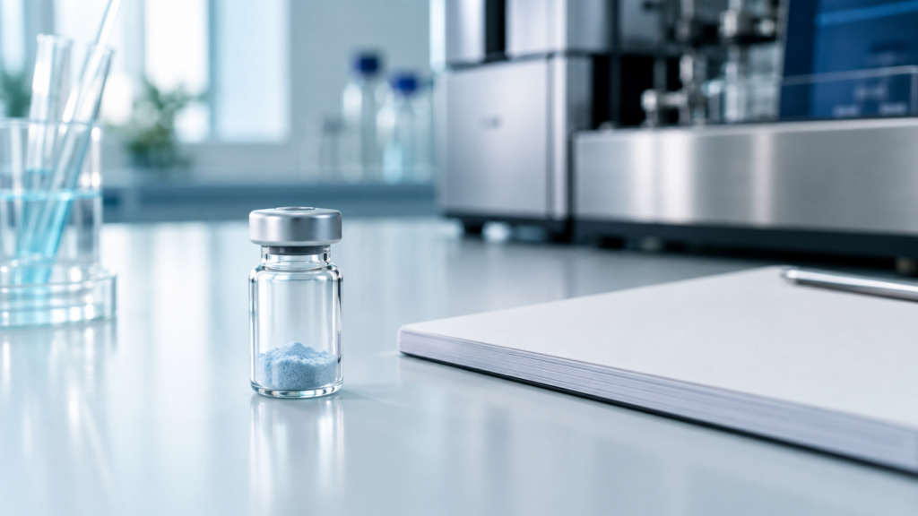 Conceptual laboratory illustration of a sealed sample vial beside a notebook and analytical equipment