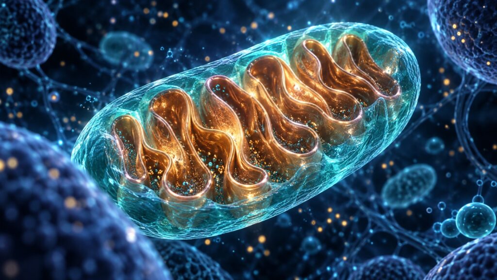 Glowing teal mitochondrial form with folded copper structures