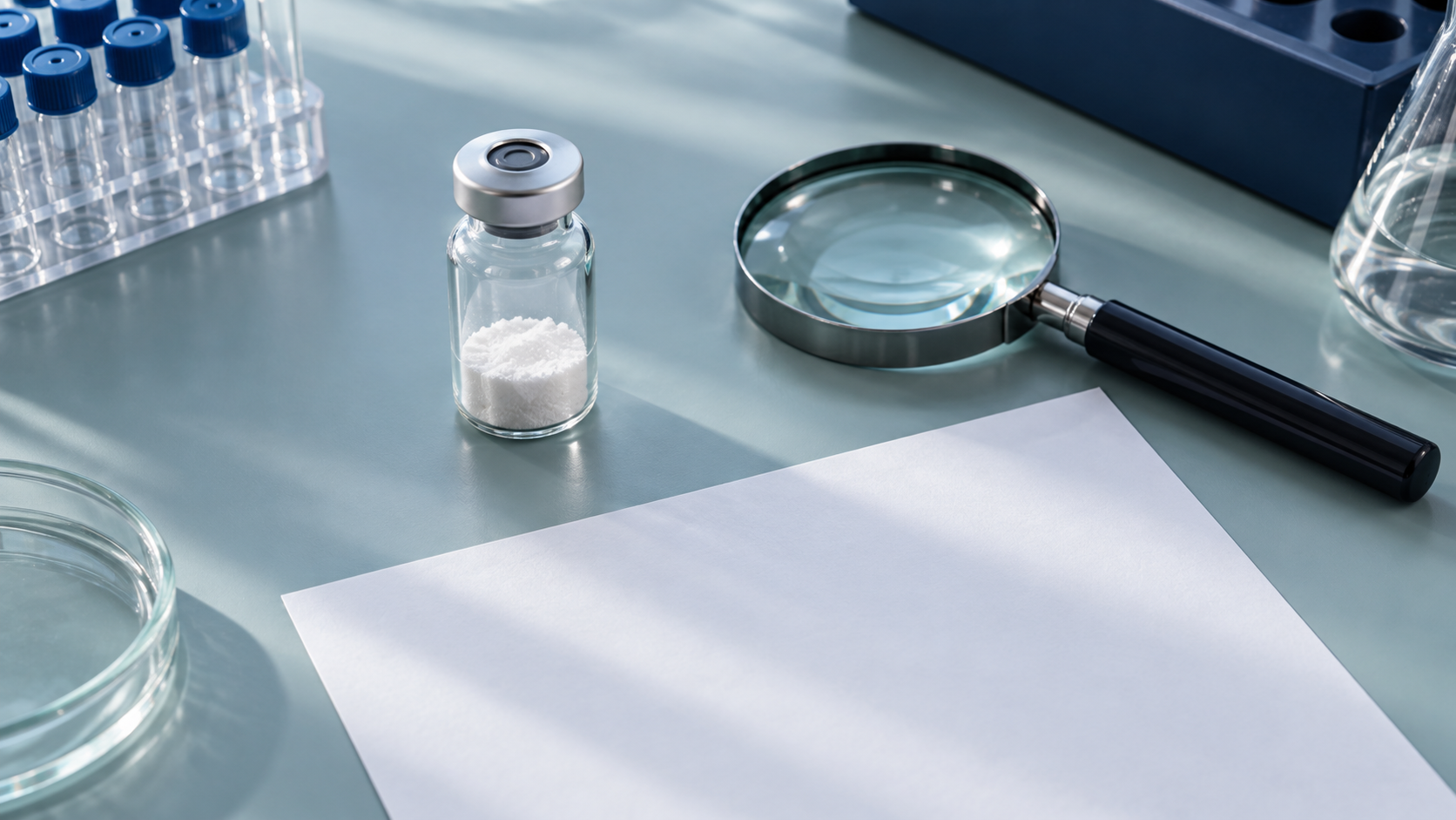 Conceptual laboratory illustration of a sample vial, magnifying glass and blank paper