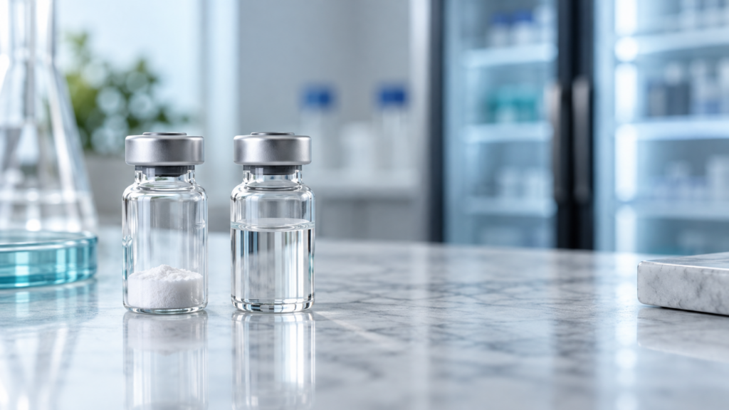 Illustration of two laboratory vials, one containing dry powder and the other clear liquid.