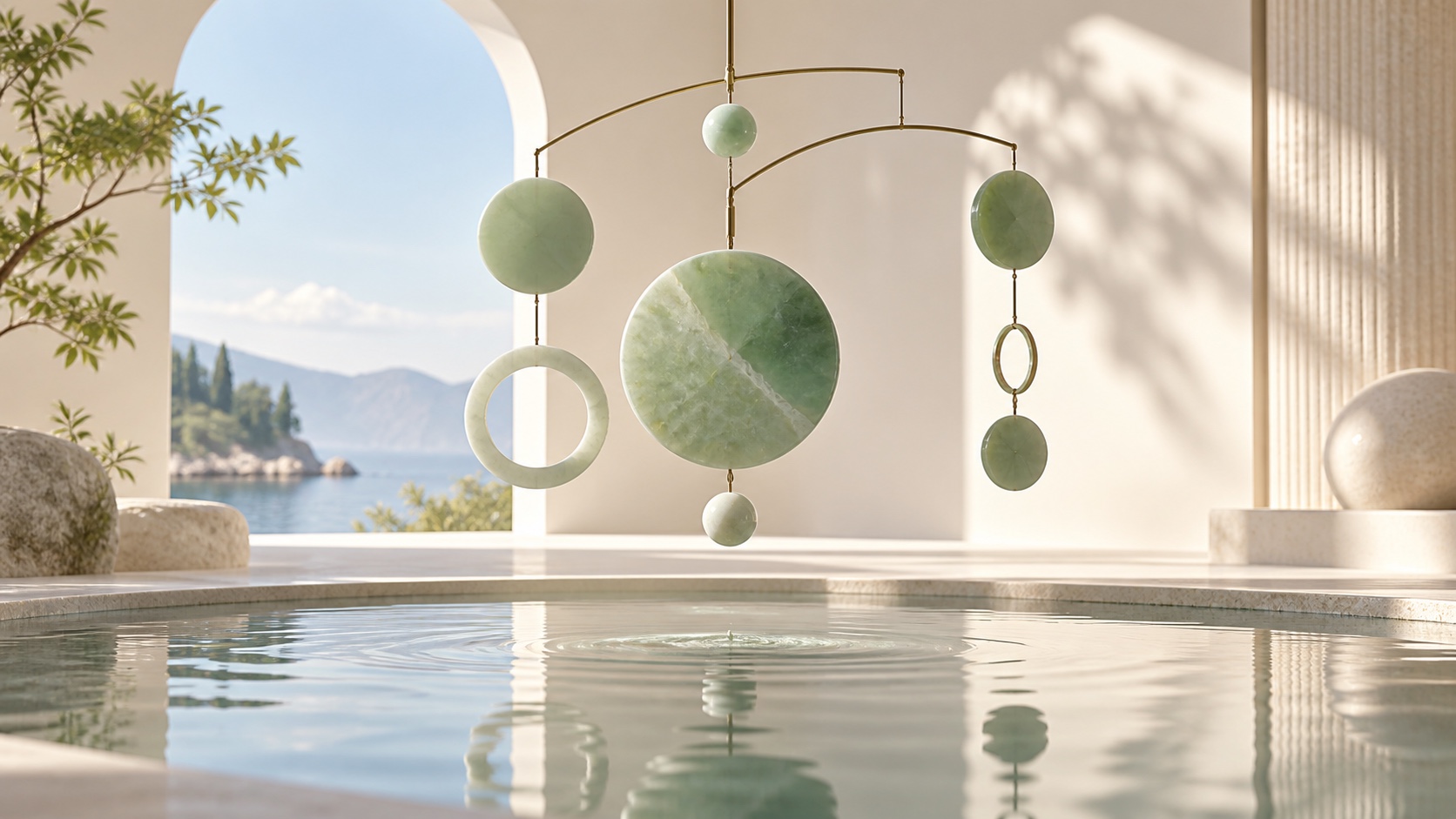 Balanced jade mobile above still water in a sunlit room