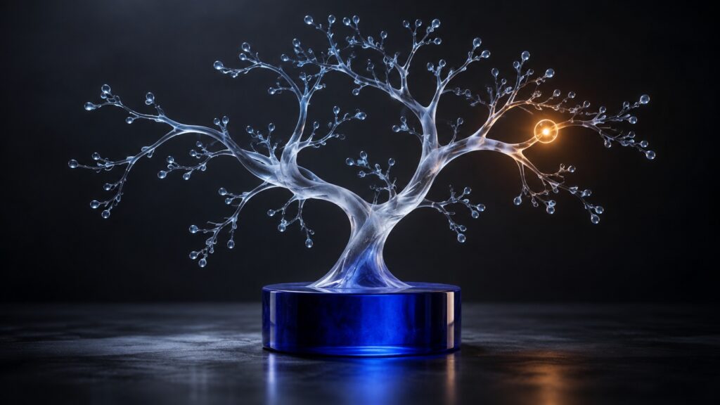 Branching frosted glass neural tree on a cobalt pedestal