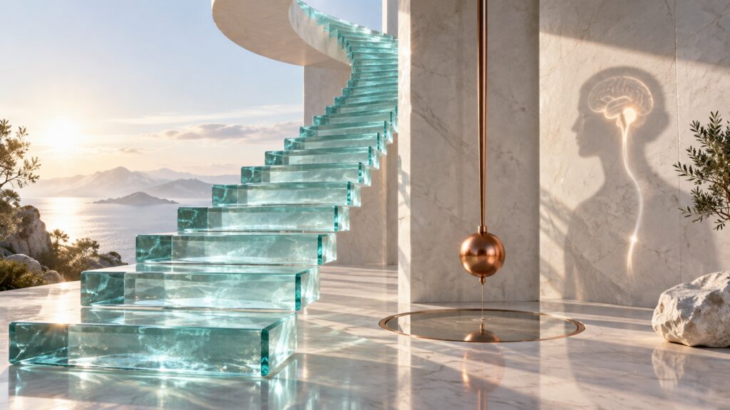 Aquamarine glass staircase beside a copper pendulum