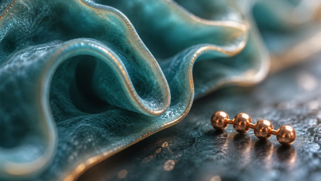 Copper four-bead chain beside a folded teal membrane sculpture