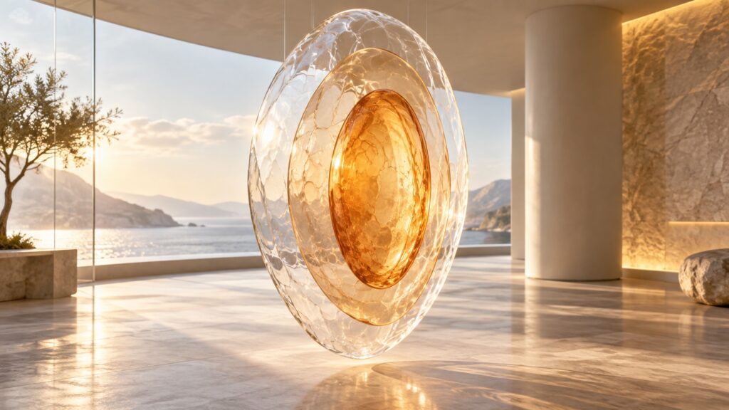 Nested clear and amber oval layers suspended in a bright studio