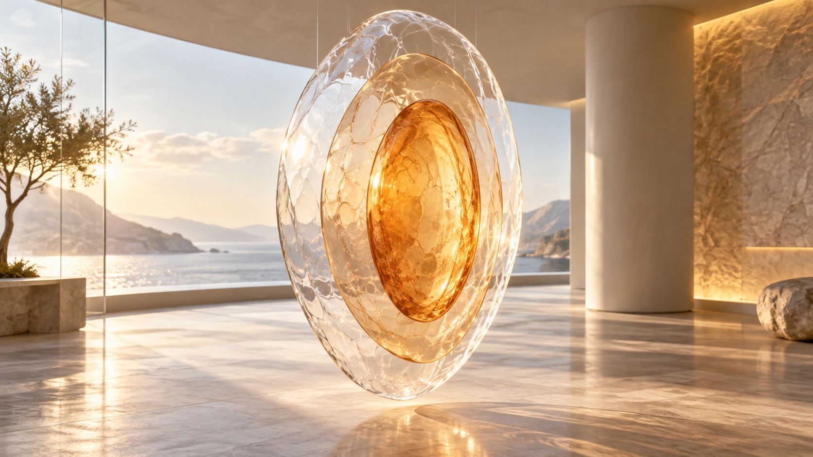 Nested clear and amber oval layers suspended in a bright studio