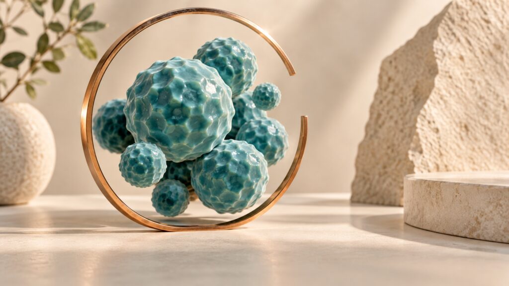 Teal ceramic cell forms surrounded by an open copper circle