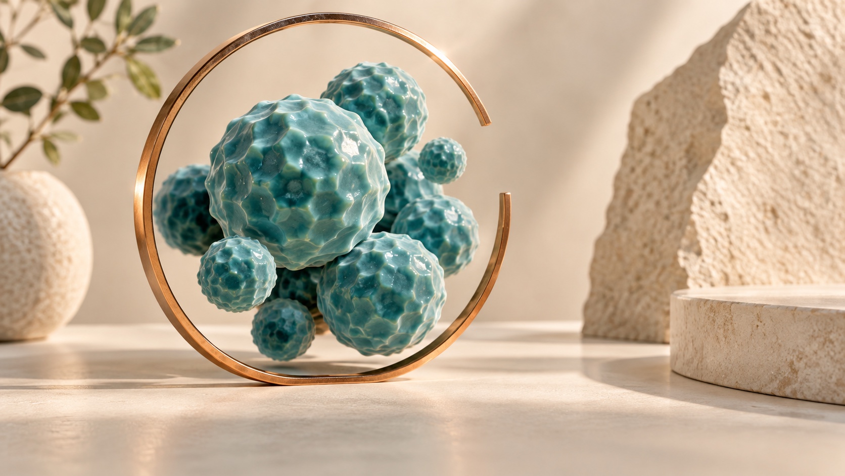 Teal ceramic cell forms surrounded by an open copper circle